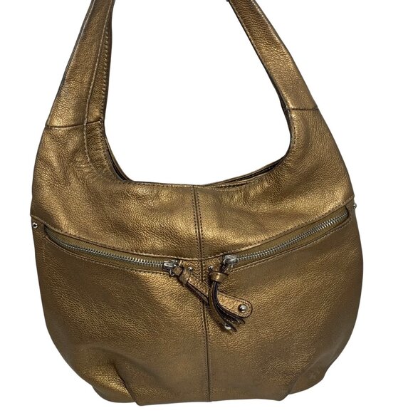 TIGNANELLO Metallic Bronze Leather Hobo Bucket Shoulder Bag + Keychain, Wallet - Picture 2 of 14